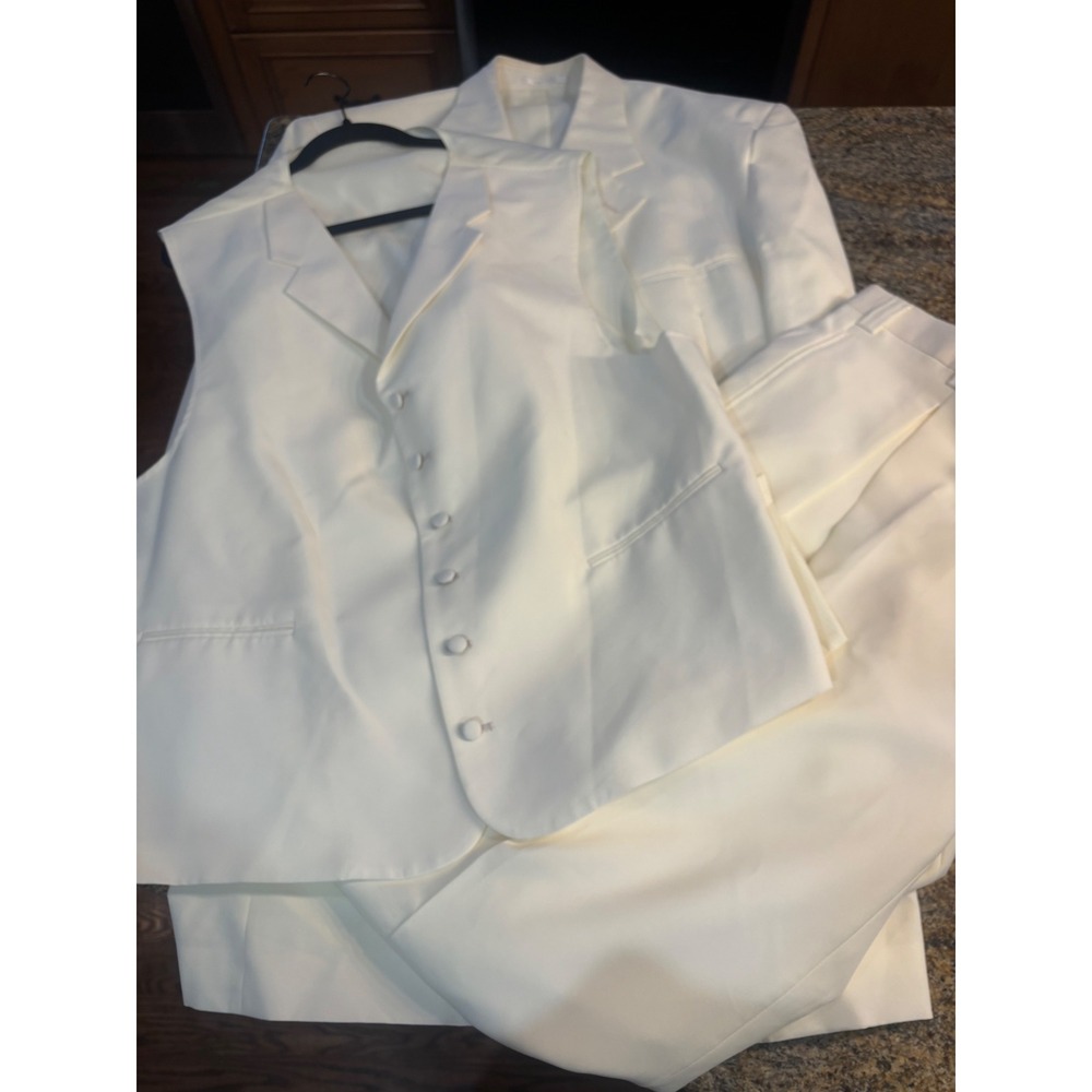 3 Piece Falcone Curtis Vested Suit 50L W45 Ivory Polyester Formal Mens Raw Hem‎